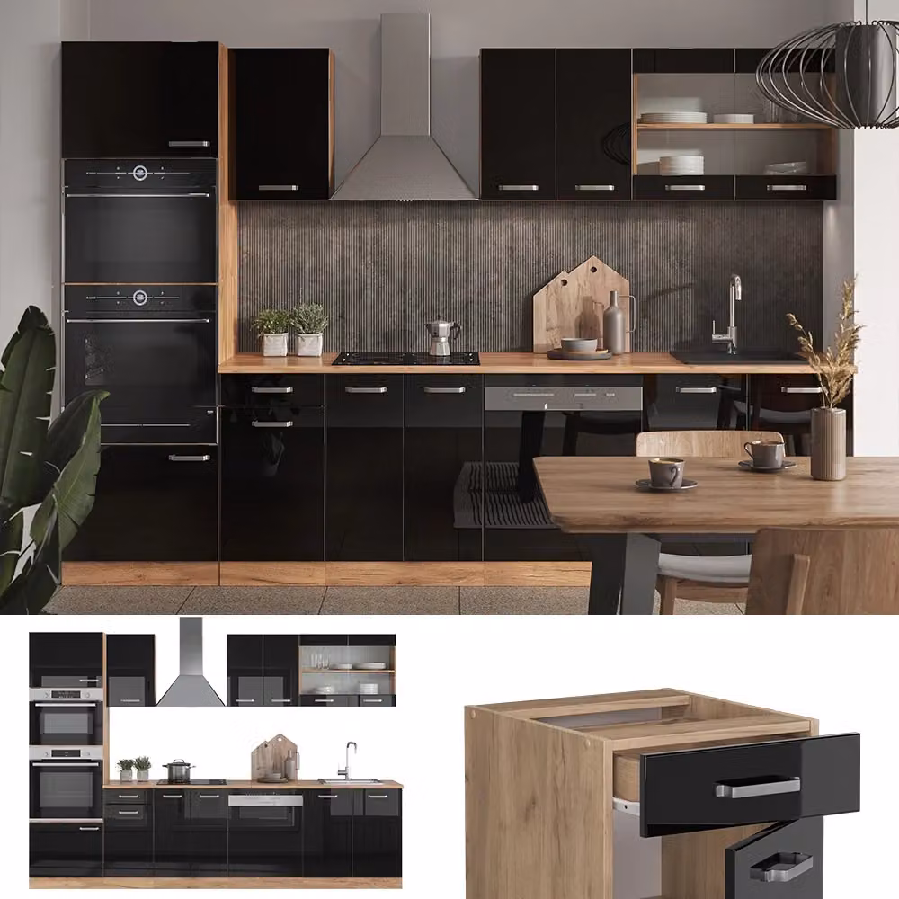 Cucina componibile moderna Vicco R-Line Nero lucido e Rovere dorato con armadio alto, L: 300 cm – 2