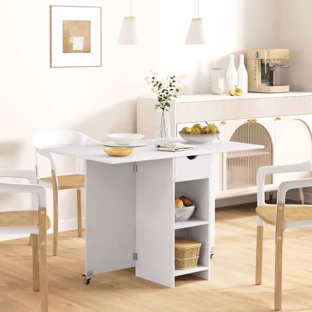Tavolo da pranzo pieghevole WISHDOR bianco con cassetto e vani aperti, L: 114,5 cm, P: 70 cm, H: 75 cm
