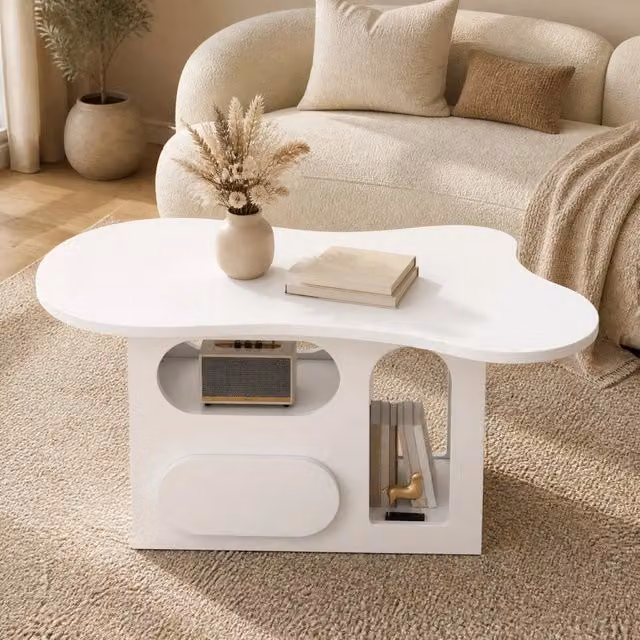 Tavolino basso fisso a forma di nuvola con cassetti e vani aperti in pannello di particelle bianco 97 × 45 × 43.5 cm