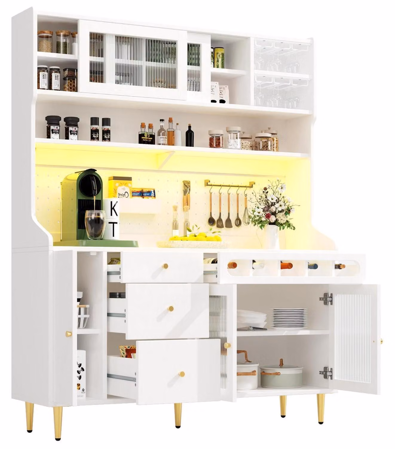 Armadio alto con piano di lavoro e illuminazione a LED, scaffale per vino, bianco, 145x39x171 cm