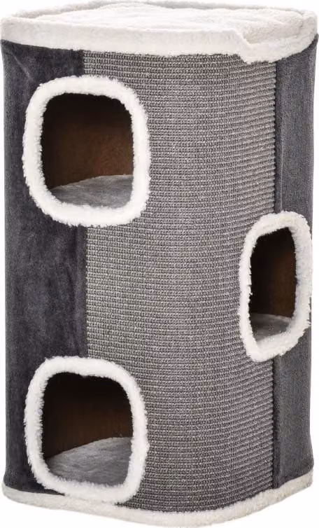 Torre tiragraffi a 3 livelli, pannello truciolare, poliestere vellutato, sisal, grigio+bianco, 40x40x74 cm