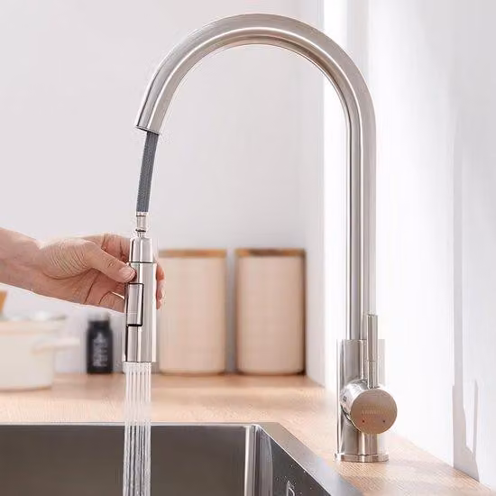 Miscelatore da cucina Famanu con funzione spray - Alta pressione, acciaio inossidabile, 2 getti