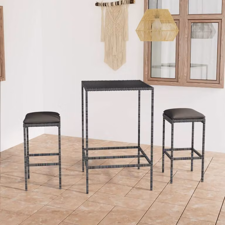 The Living Store Set bar da giardino 3 pezzi con cuscini in poly rattan grigio