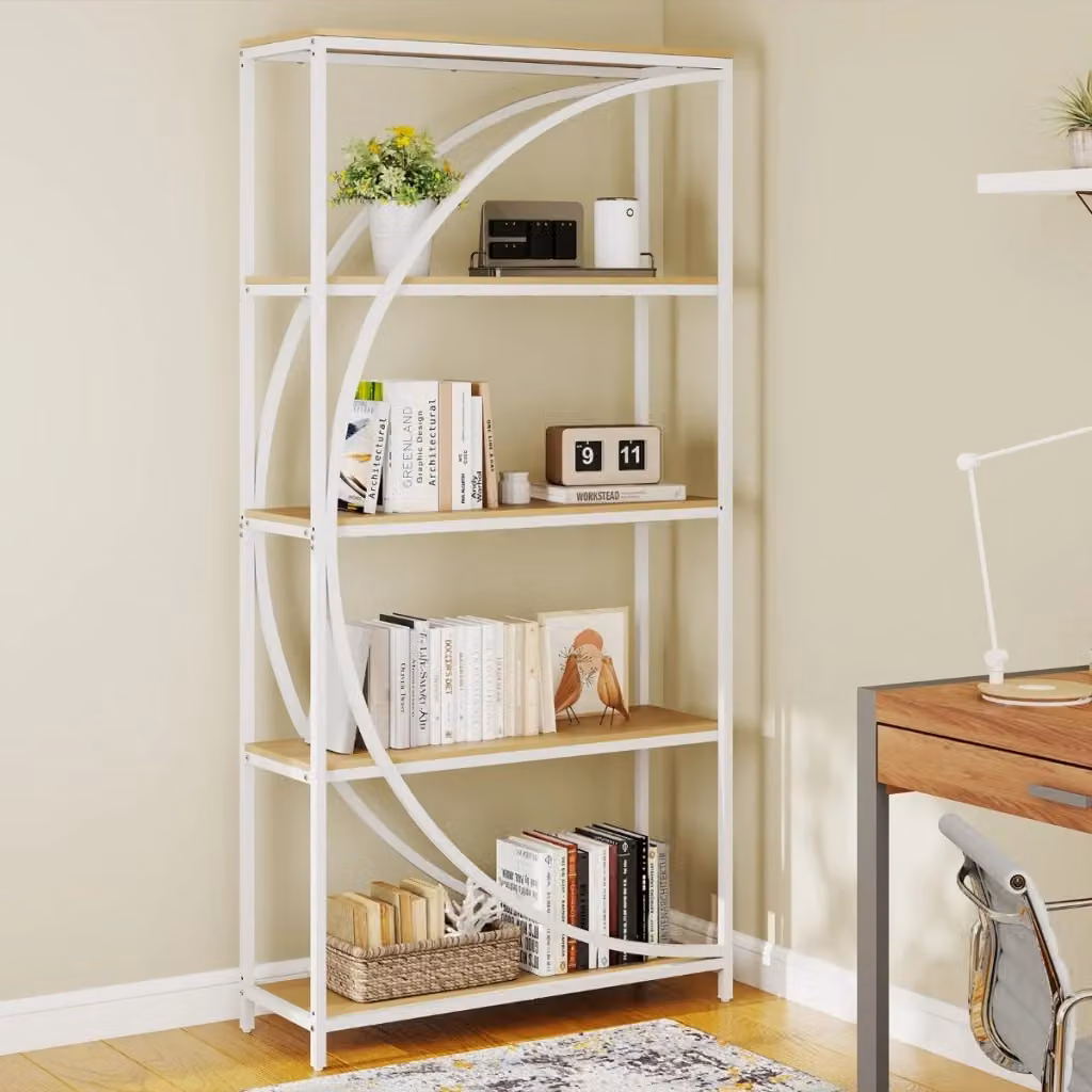 Libreria moderna a 5 ripiani con design ad arco in metallo bianco con struttura geometrica a giorno – 2