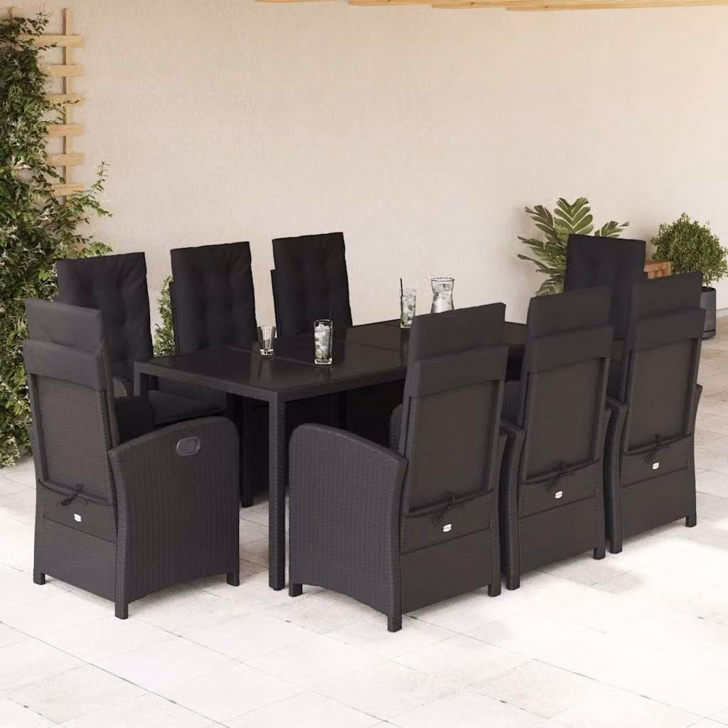 Set da pranzo da giardino vidaXL in polyrattan nero con 9 pezzi e cuscini