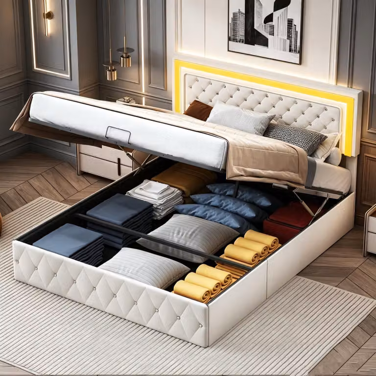 Letto matrimoniale con boxspring, dimensioni 160x200 cm, completo di rete a doghe e contenitore, letto a due piazze per ragazzi con illuminazione LED e cassettiera, letto contenitore multifunzionale, rivestito in velluto, color beige