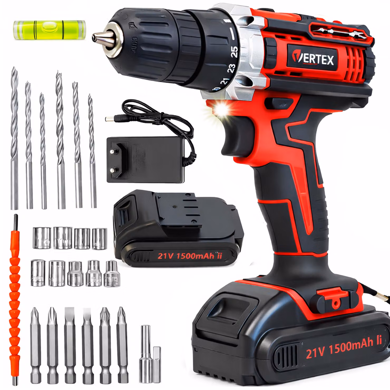 Verteks Trapano avvitatore a batteria, 21 V, set con accessori, 2 batterie, caricabatterie, bussole, punte, adattatori
