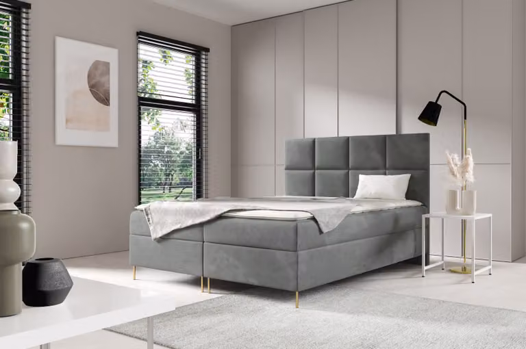 Letto a molle SÁRA, 180 x 200 cm, con 2 contenitori portaoggetti, topper di 5 cm incluso, rivestito in velluto grigio, con gambe dorate