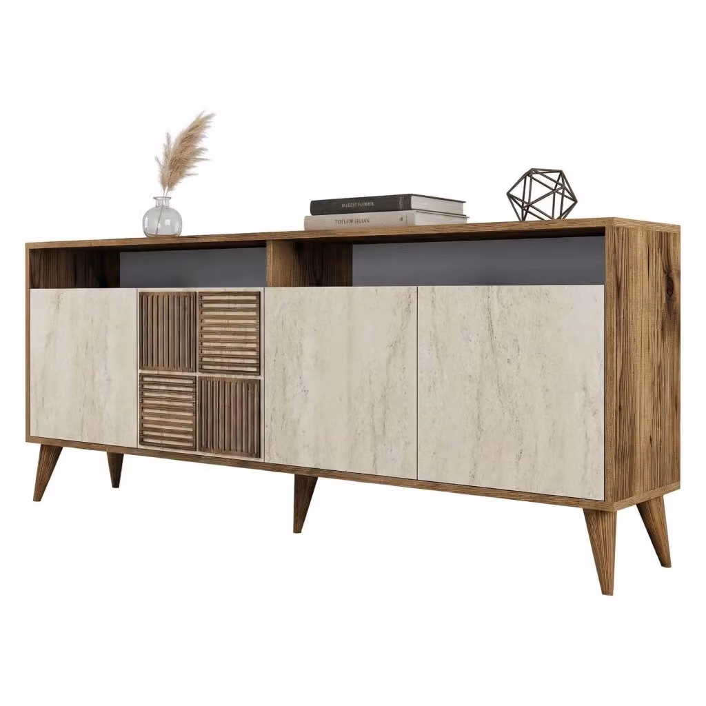 Madia Roattos DMORA con 2 ripiani, finitura beige marmo e noce, L: 180 cm, P: 35 cm, H: 78 cm – 2