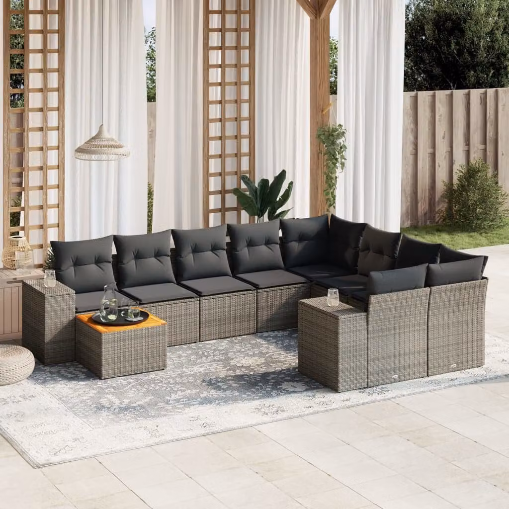 Set Divano da Giardino vidaXL 10 pz in Polyrattan Grigio con Cuscini e Tavolino – 1