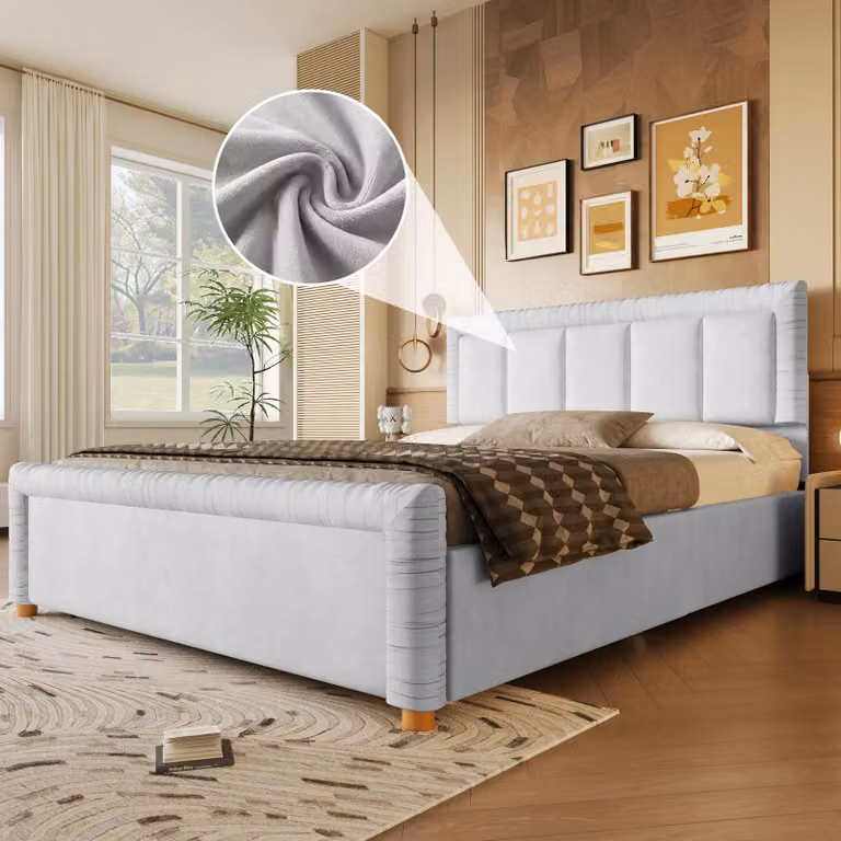 Letto imbottito 140 x 200 cm, rivestito in velluto, con 2 cassetti, testiera e pediera imbottite con motivo a coste, disposizione flessibile dei cassetti, colore grigio