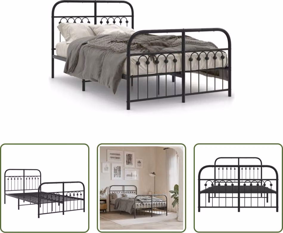 The Living Store Struttura letto con testiera e pediera in metallo nero 120x190 cm