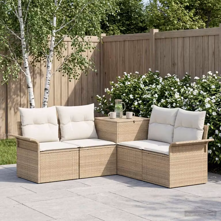 Set di divani da giardino vidaXL a forma di L in polyrattan con cuscini beige e bianco crema