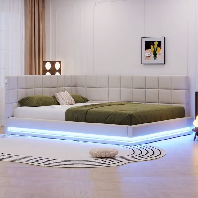Divano letto imbottito per materasso 160x200 cm; lino beige; LED; USB e rete a doghe