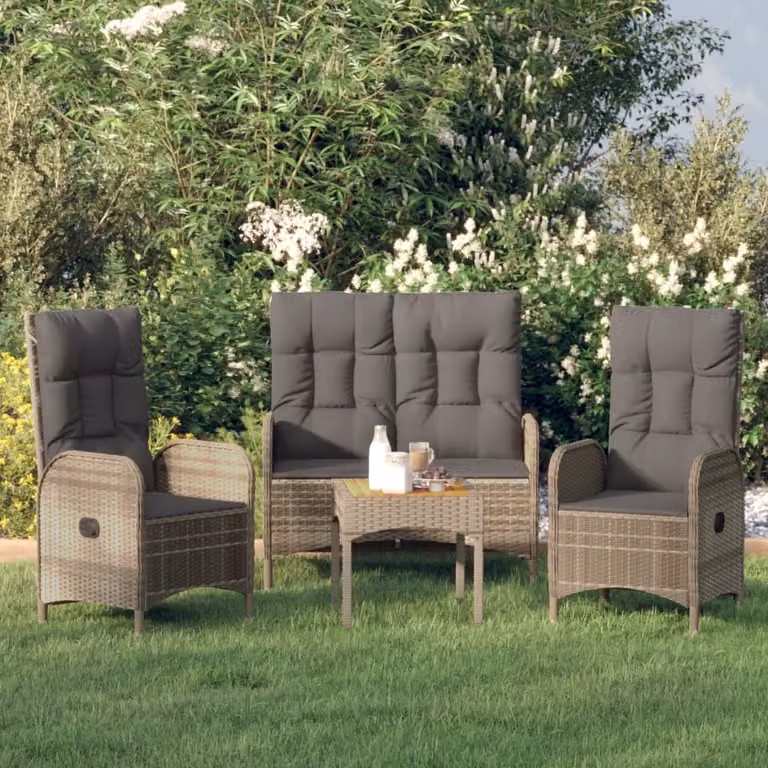 The Living Store Set da pranzo da giardino in 3 pezzi con cuscini in poly rattan grigio