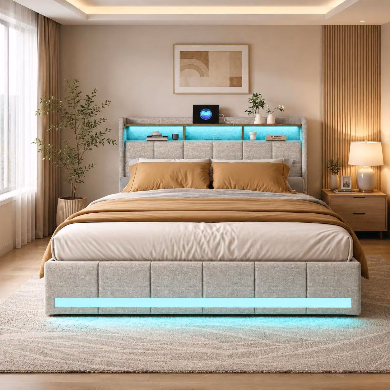 Letto imbottito INONEFT, 140x200 cm, con illuminazione LED e prese USB, letto singolo per ragazzi con 4 cassetti e 3 vani portaoggetti, tessuto in lino, color beige