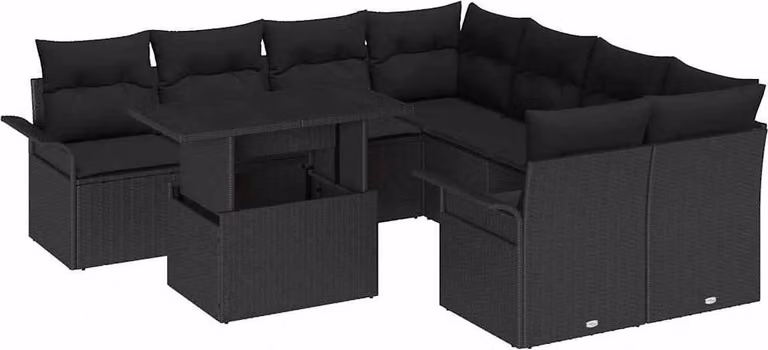 Set Divano da Giardino con cuscino 9 pcs Nero Poly Rattan