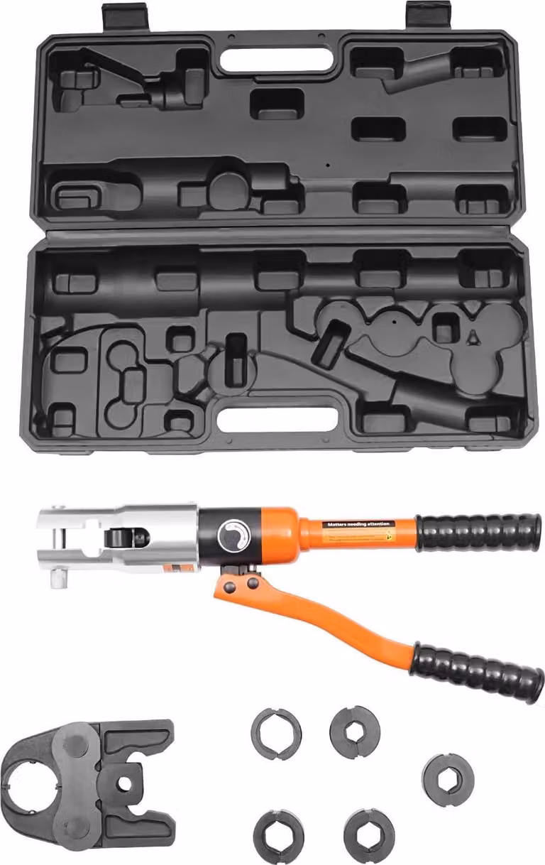 Pinza idraulica - Set di utensili di pressatura 10 t/100 kN - Matrice a farfalla + 5 matrici a V - Per la lavorazione dei metalli - Arancione