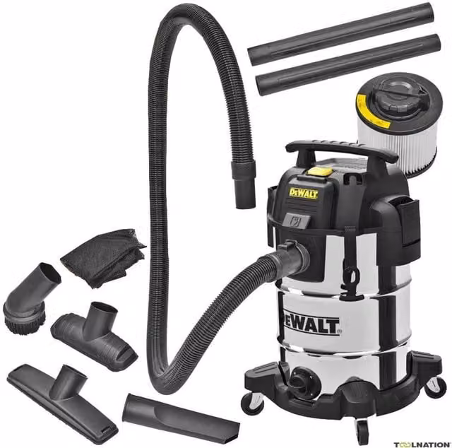 Aspiratore DeWalt per solidi e liquidi da 30 LT con fusto in acciaio inossidabile color argento DXV30SAPTA