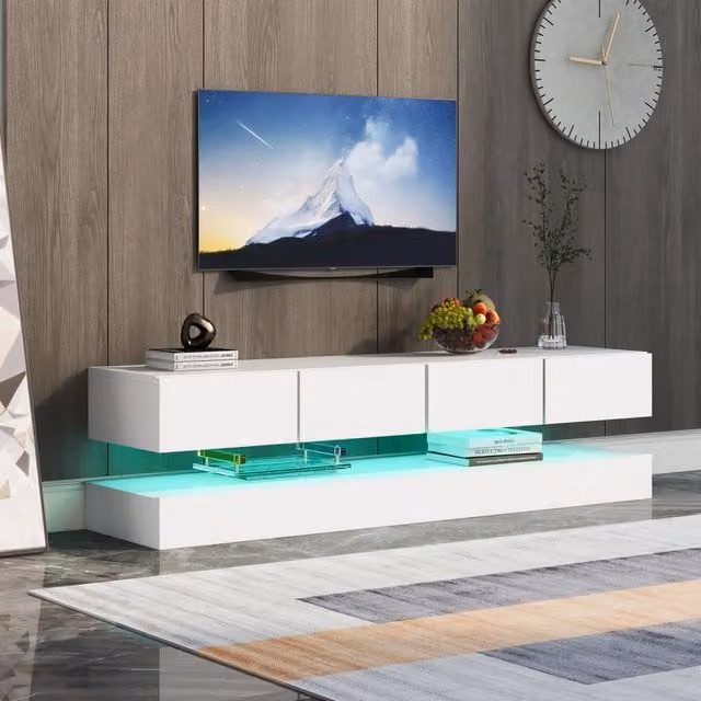 Mobile TV Zephmum con illuminazione LED integrata, Bianco lucido, L/P/H: 130 x 33 x 15 cm