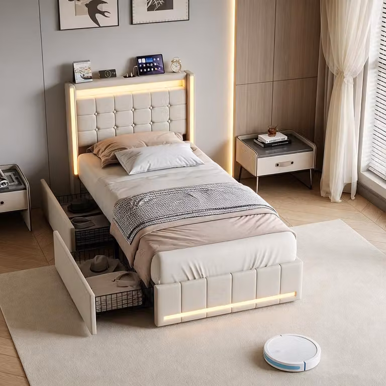 Letto per bambini INONEFT, 90x200 cm, con 2 cassetti, illuminazione LED e porta USB-C – Letto per adolescenti, letto imbottito a una piazza con rete a doghe, struttura letto multifunzionale, tessuto in lino, color beige