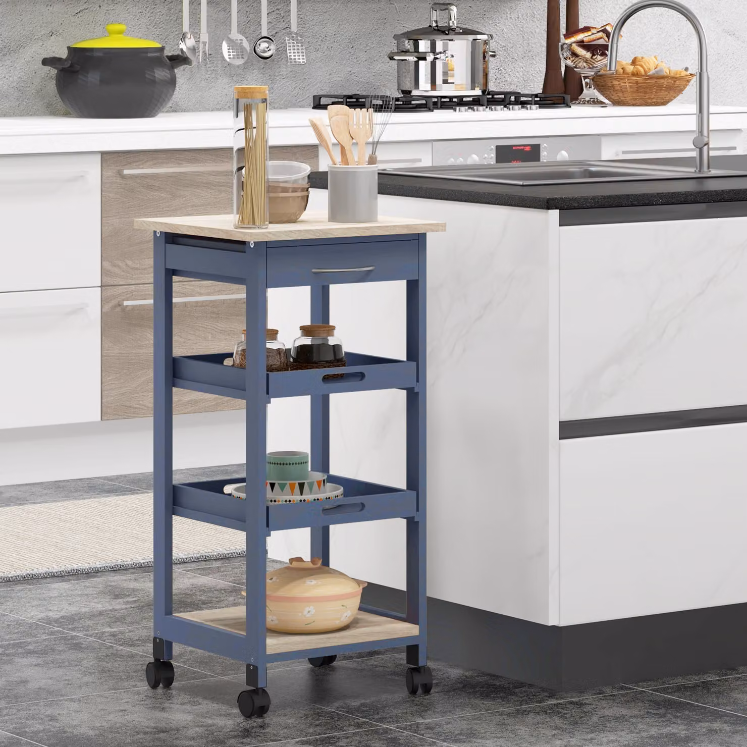 Carrello da cucina HOMCOM in legno di pino e MDF con cassetto, 2 vassoi estraibili e ripiano fisso, L/P/H: 37 x 37 x 76 cm – 2