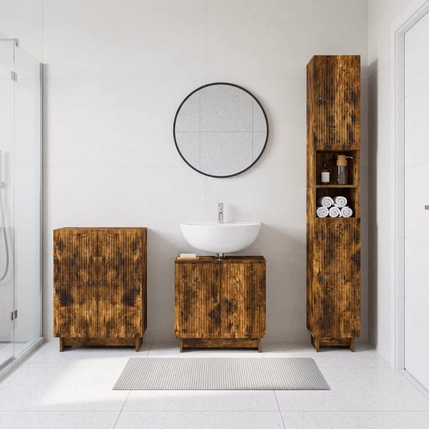 Set di mobili da bagno moderno vidaXL in 3 pezzi color rovere fumo marrone con vanità e pensili