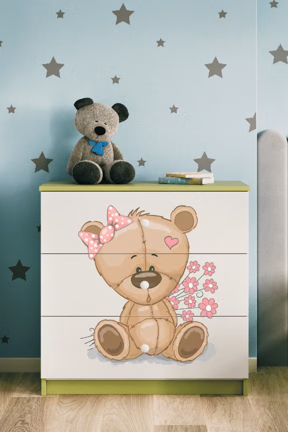 Cassettiera per bambini con cassettiera orsetto fiori nel colore verde Babydreams