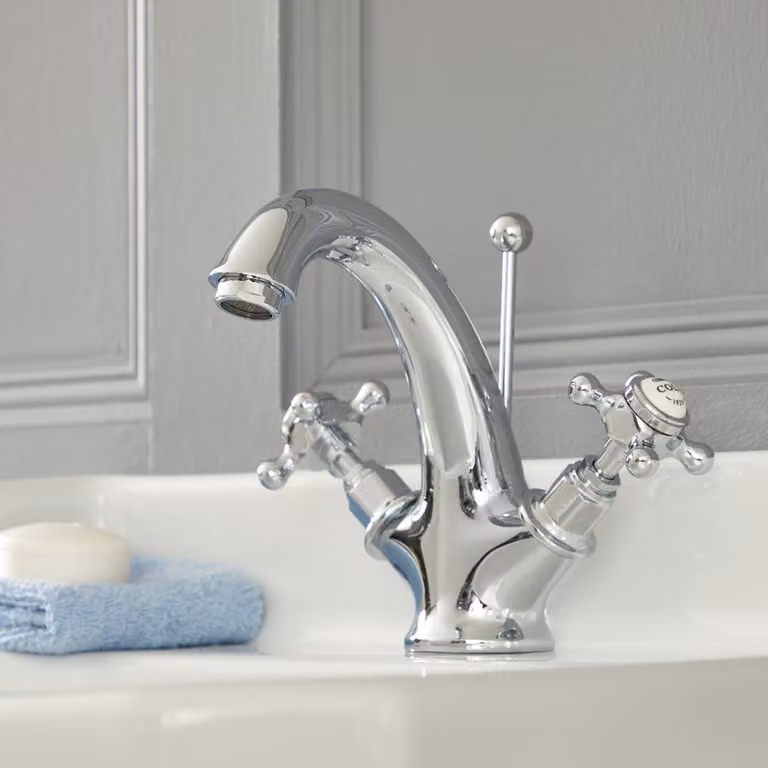 Rubinetto Lavabo Monoforo Miscelatore a Croce Design Tradizionale Cromo e Bianco - Elizabeth