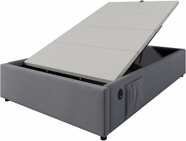 Letto singolo imbottito 90x200 cm grigio con struttura in legno massiccio e ricarica USB-C integrata, senza testiera