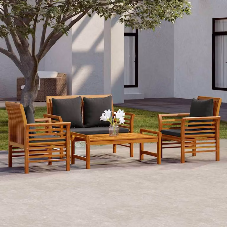vidaXL Set Salotto da Giardino 4pz in Legno di Acacia con Cuscini Marroni e Grigi