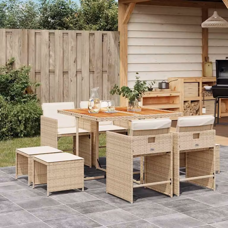 vidaXL Set da Pranzo da Giardino 9 pz in Polyrattan e Legno di Acacia con Cuscini Beige