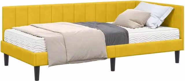 Letto singolo moderno in velluto giallo con struttura angolare e 2 materassi in schiuma L/P/H: 200 x 90 x 72 cm