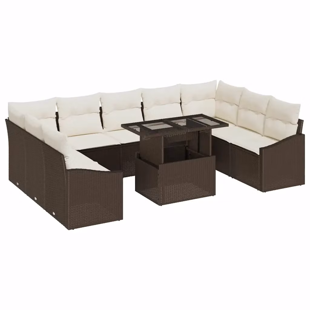Set di divani da giardino vidaXL a forma di U con tavolino in vetro, marrone e beige, composto da 10 pezzi in rattan e metallo con cuscini inclusi – 2
