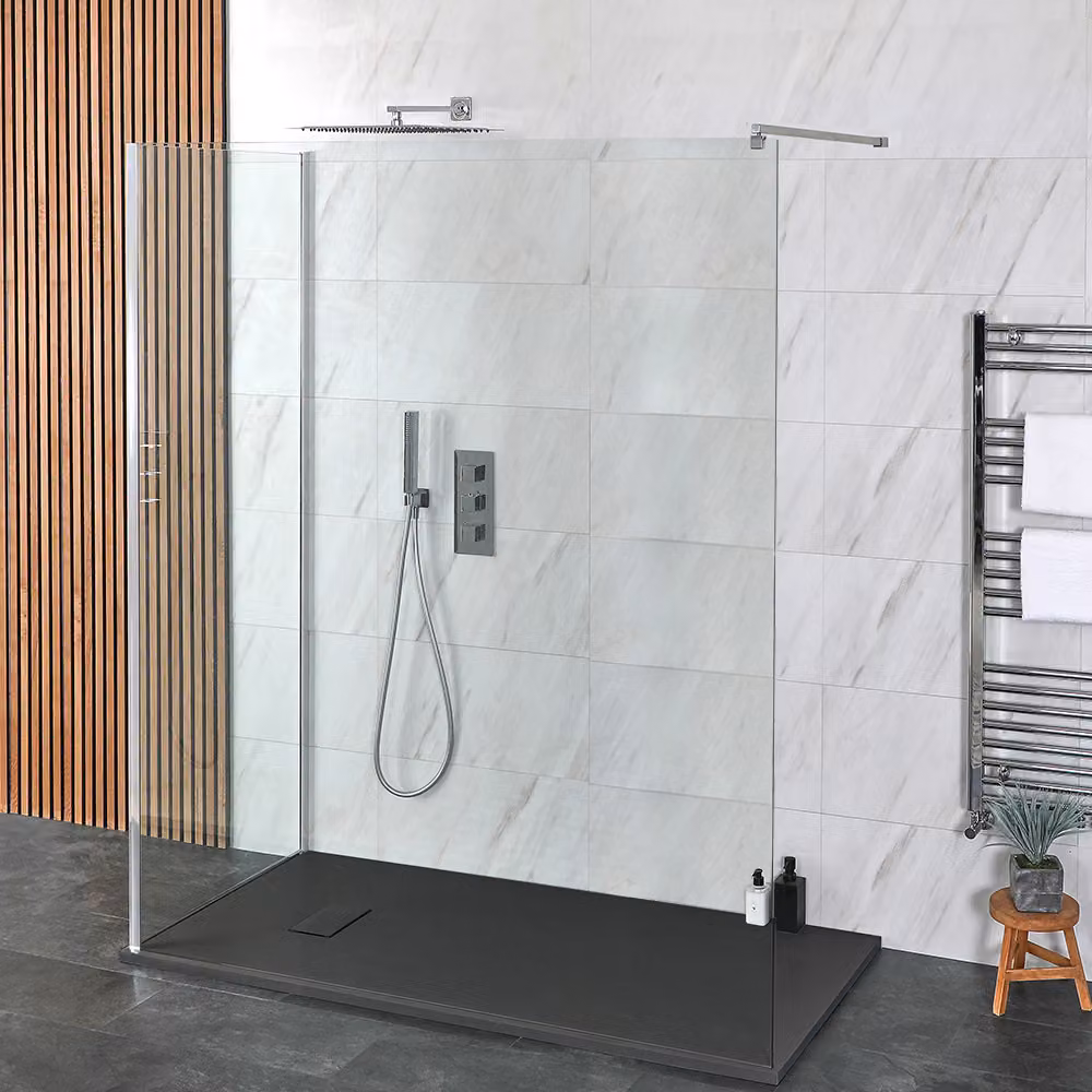 Doccia Walk-in a Due Lati con Piatto Doccia Ardesia - 1100mm x 700mm - Piatto Doccia Bianco - Braccio a Soffitto