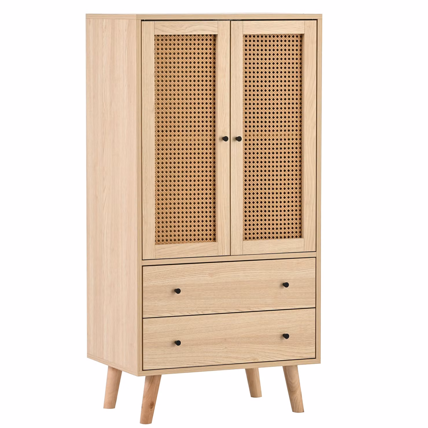 Credenza multifunzione Aosom in legno e rattan con 2 ante e 2 cassetti, gambe in pino massiccio, color Quercia, L: 120 cm, P: 40 cm, H: 60 cm – 2