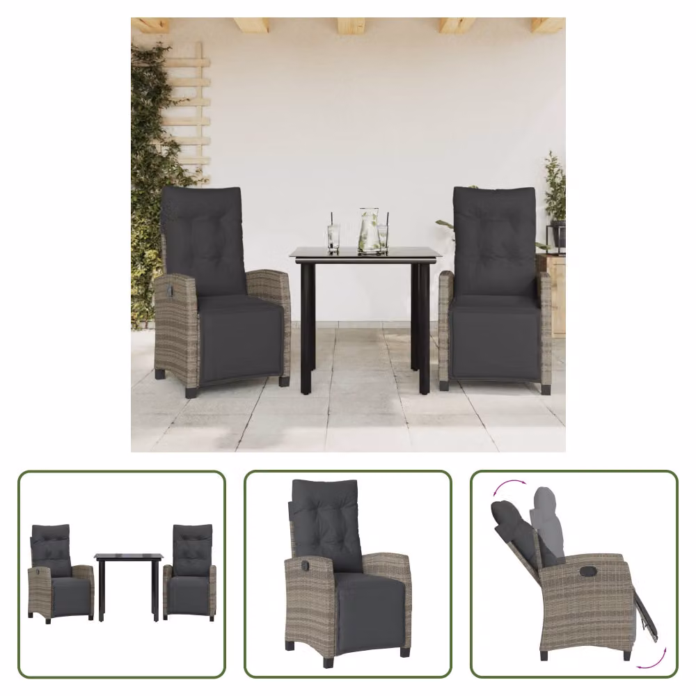 The Living Store Set da pranzo da giardino in 3 pezzi con cuscini in poly rattan grigio