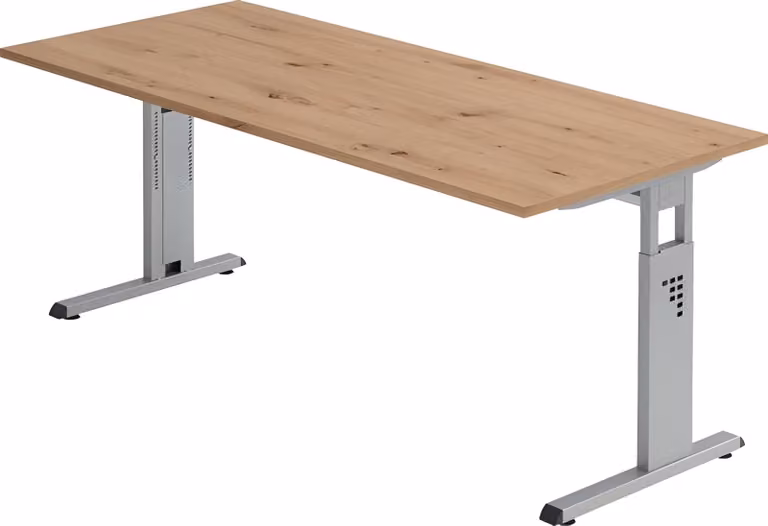 Scrivania serie O | incl. vassoio per cavi | piede a C | regolabile in altezza, dimensioni piano d'appoggio: 180 x 80 cm, colore piano d'appoggio: rovere nodoso, colore telaio: argento