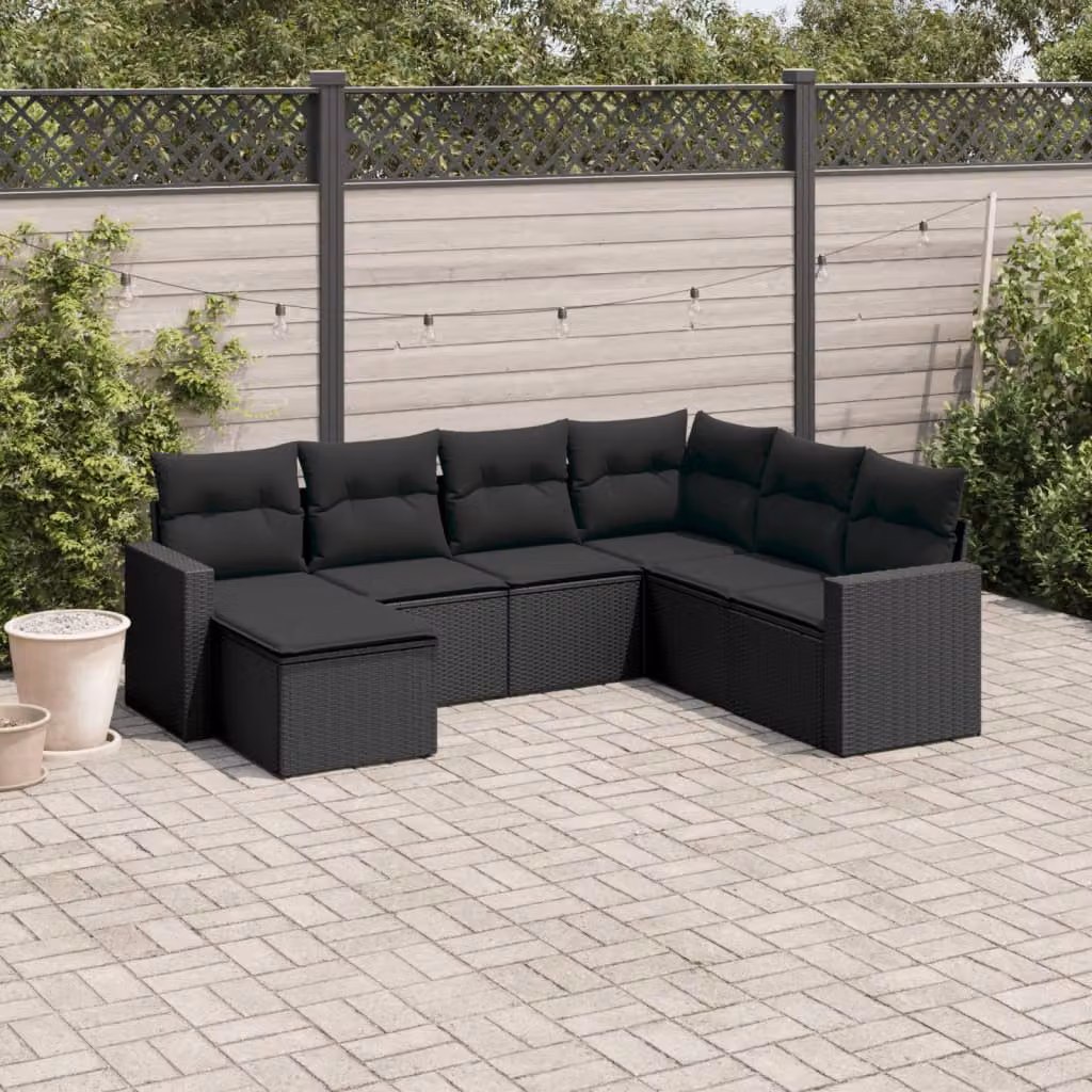 Set di Divani da Giardino vidaXL a Forma di L con 7 Cuscini in Polyrattan Nero – 1