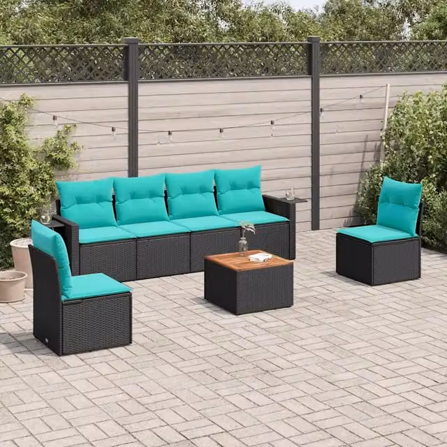 Set Divani da Giardino 7 pz con Cuscini Nero in Polyrattan 3224510