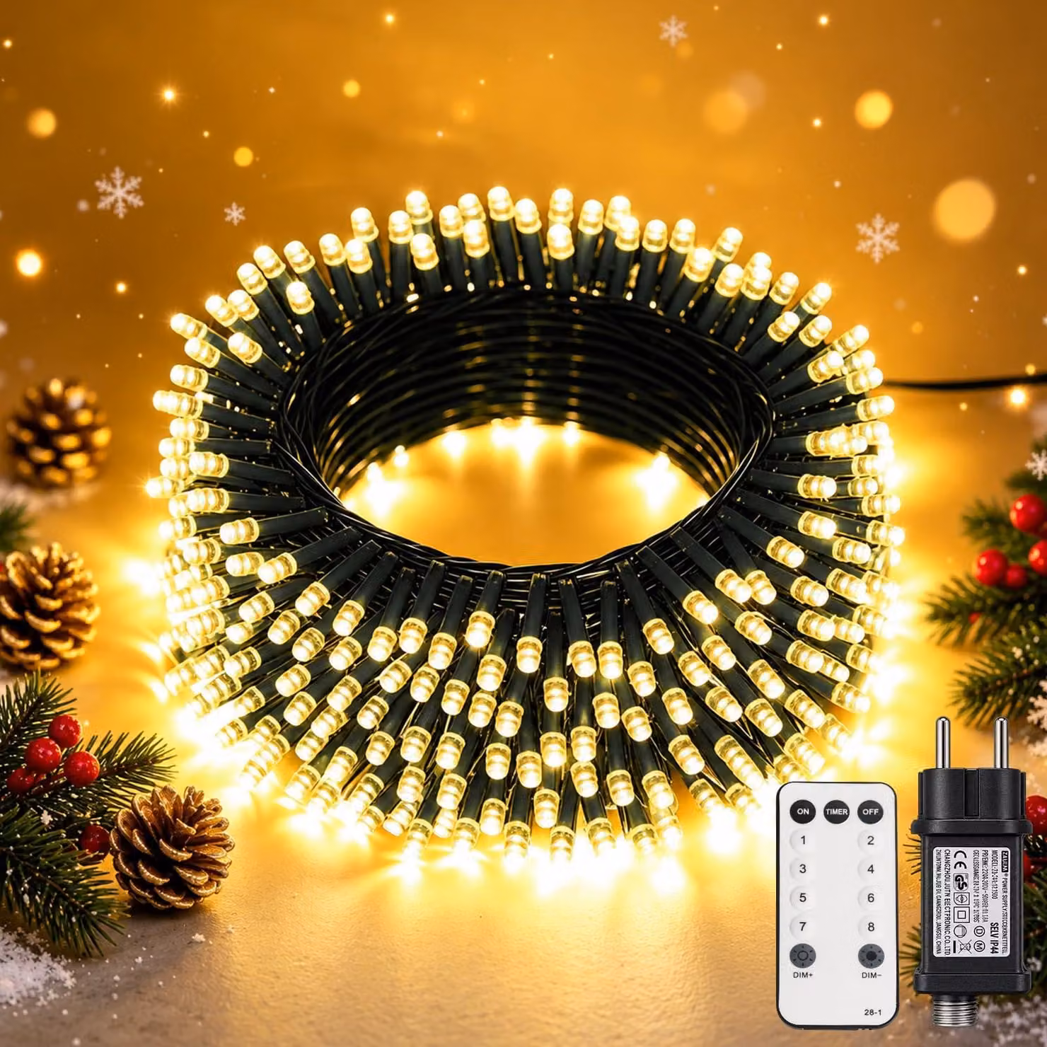 Catena luminosa a LED, 20 metri, 200 LED, dimmerabile, grado di protezione IP65, con telecomando
