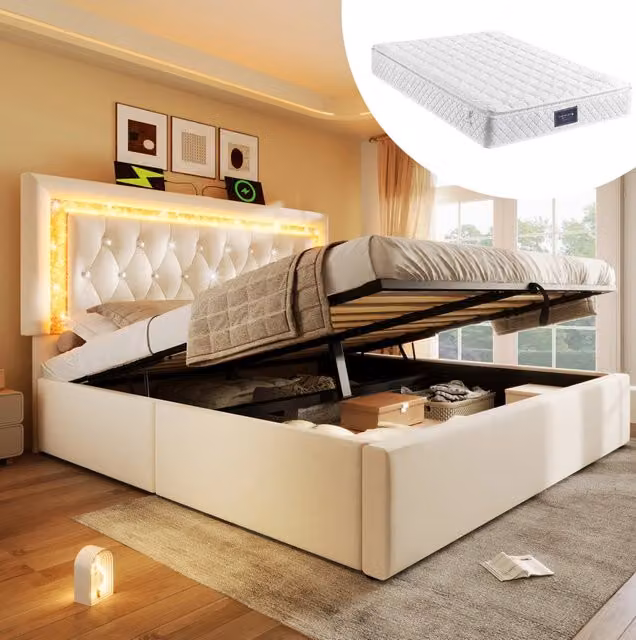 Letto contenitore imbottito 160x200 cm in velluto beige con LED; USB e Type-C; apertura idraulica; materasso incluso