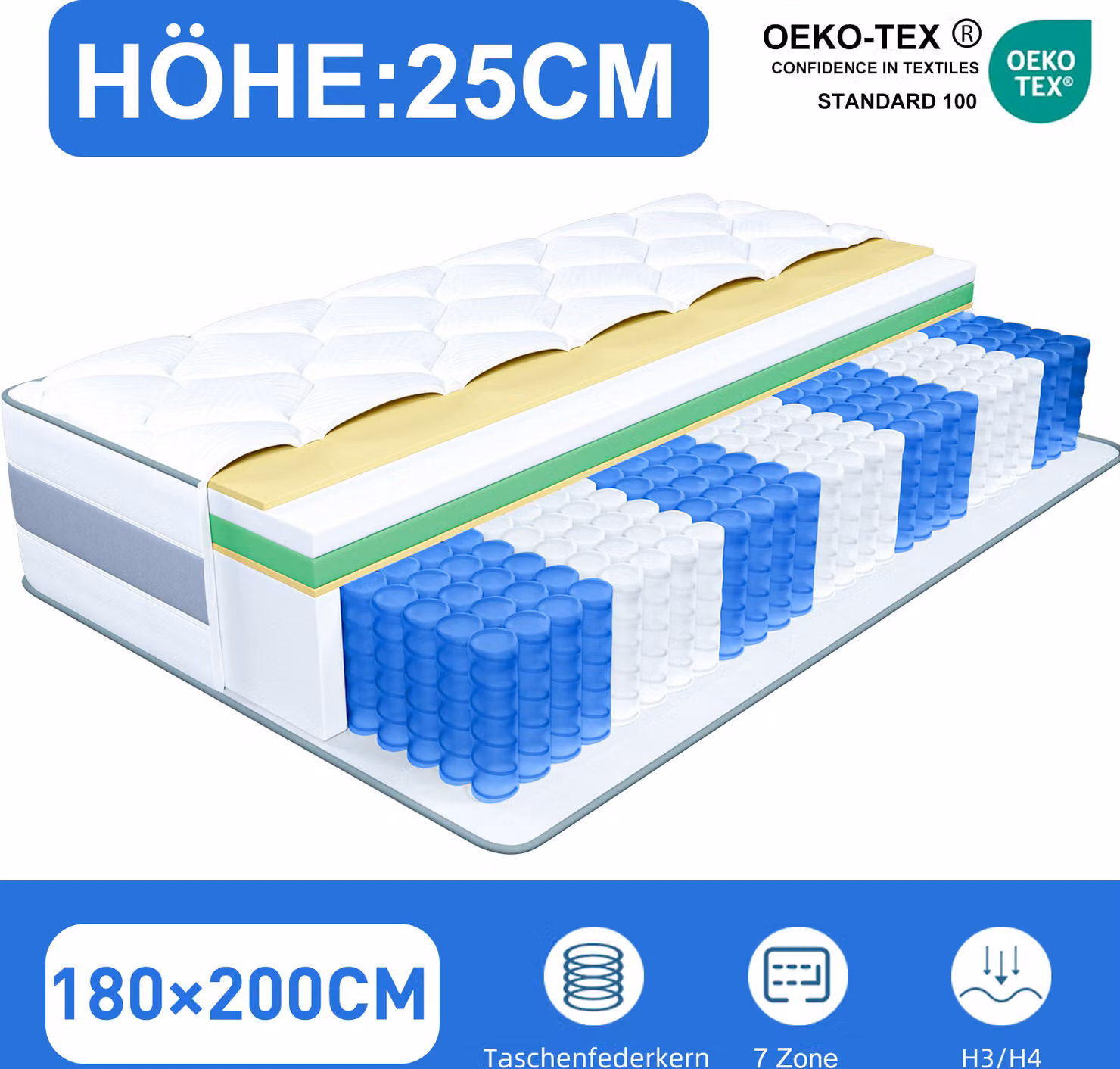Materasso 180x200 25 cm Topper integrato Materasso a 7 zone con anima a molle insacchettate H3/H4