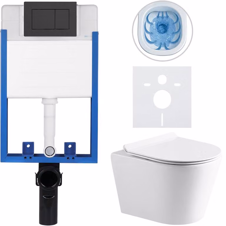 CERANO - Set completo per WC da incasso Lite/Norbi - bianco lucido - pulsante WC Classic, nero opaco - da incasso - 48,5 x 36,5 cm
