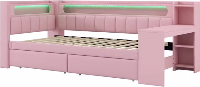Letto Divano Imbottito 90x200 cm con Luci LED, Porte USB, Scrivania e 2 Cassetti, Rosa