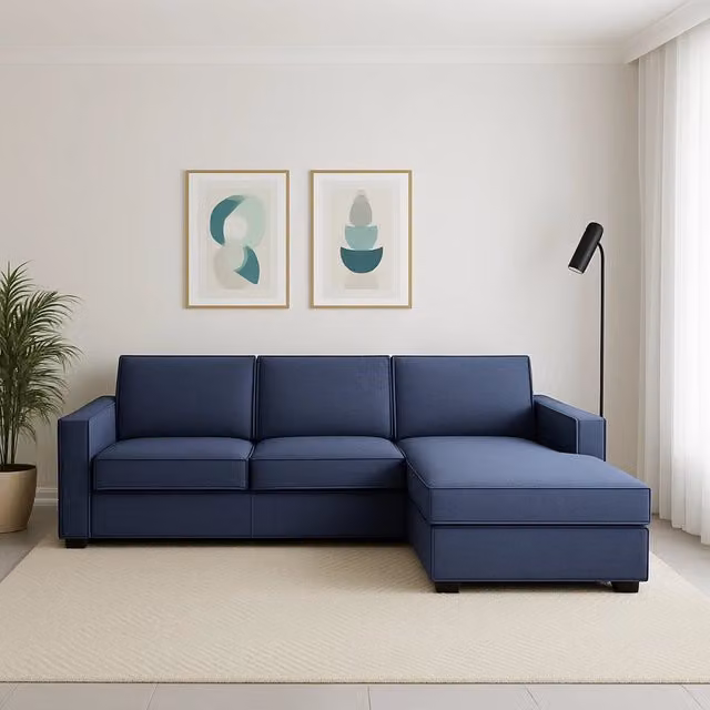 Divano Assobasso Talamo Italia con penisola destra, modello moderno in tessuto blu con coperture sfoderabili, L: 260 cm, P: 95 cm – 1