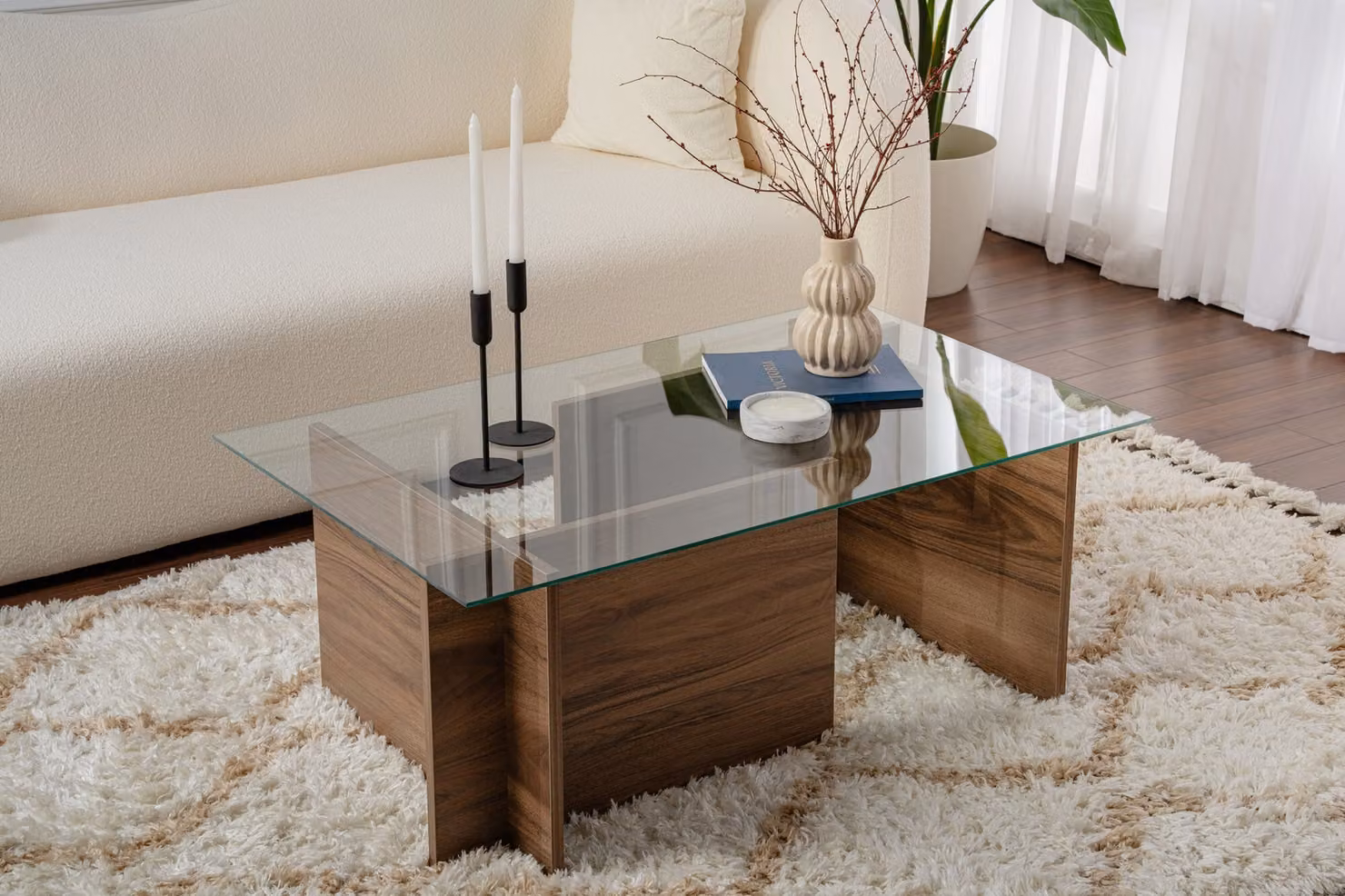 Skye Decor, Vetrino - Walnut, tavolini, noce, vetro, 105 x 40 x 65 cm