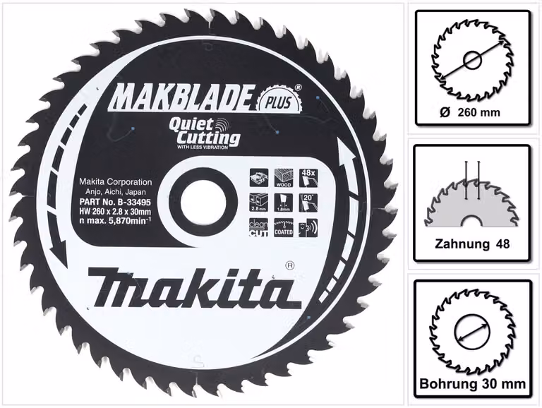 Makita MAKBLADE PLUS Sega circolare per legno 260 x 30 x 2,8 mm - 48 denti ( B-33495 )