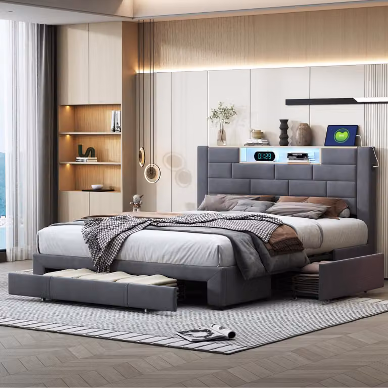 CDGlobal letto imbottito 140x200cm con USB e prese, letto per ragazzi letto matrimoniale con 3 cassetti, letto contenitore letto in legno massiccio con LED/tipo C e rete a doghe, lino, grigio