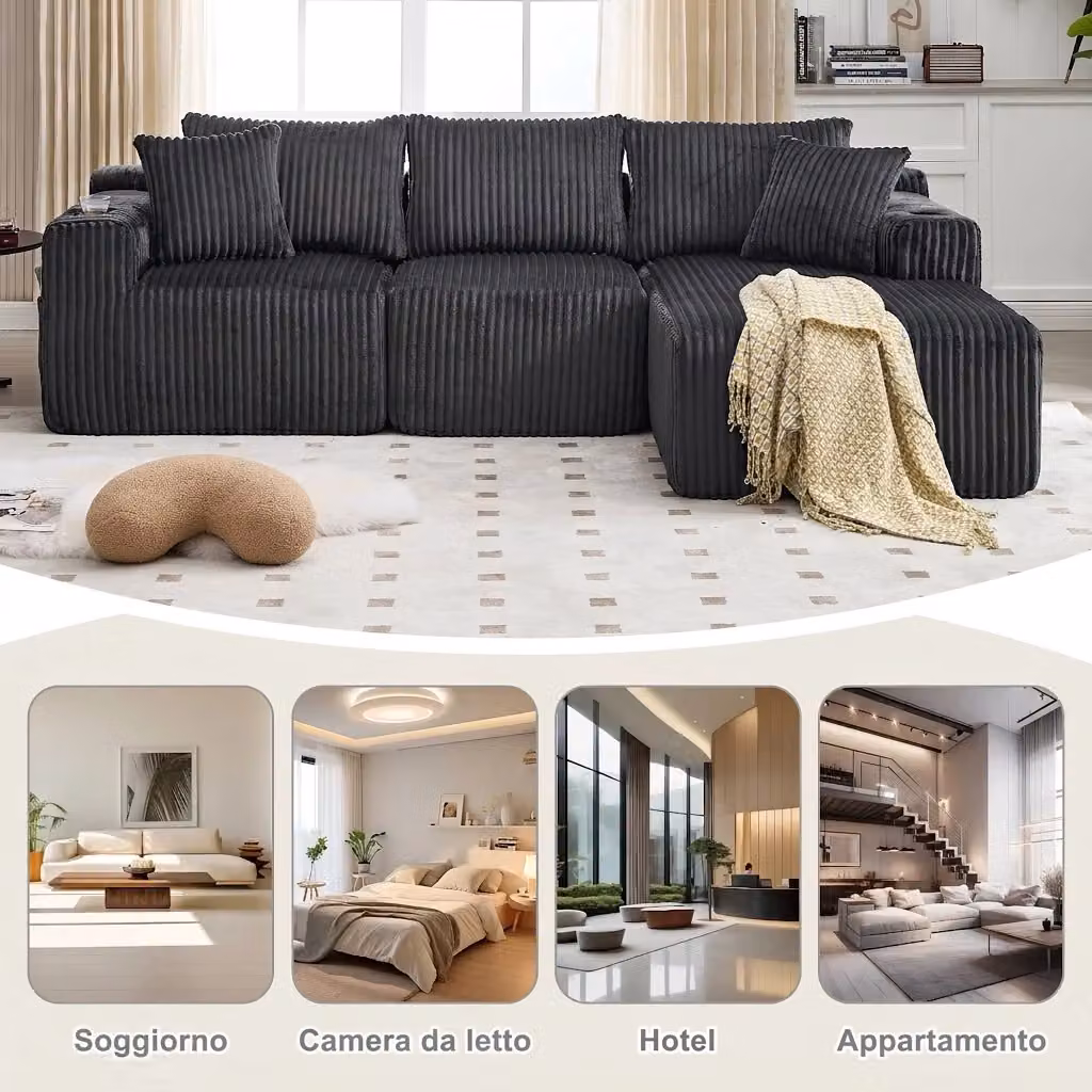 Divano modulare a L con chaise longue Vovees Living in velluto a coste grigio, 3 posti, con portabicchieri e cuscini coordinati, L: 257 cm – 2